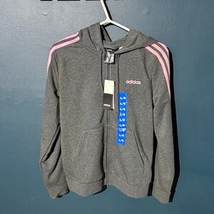 NWT Adidas 3 Stripes Fleece Zip Up Hoodie Gray Pink Large